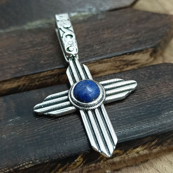 Cross Oxidised 925 Silver Pendant In Natural Lapis Lazuli Gemstone 925NSP19_2