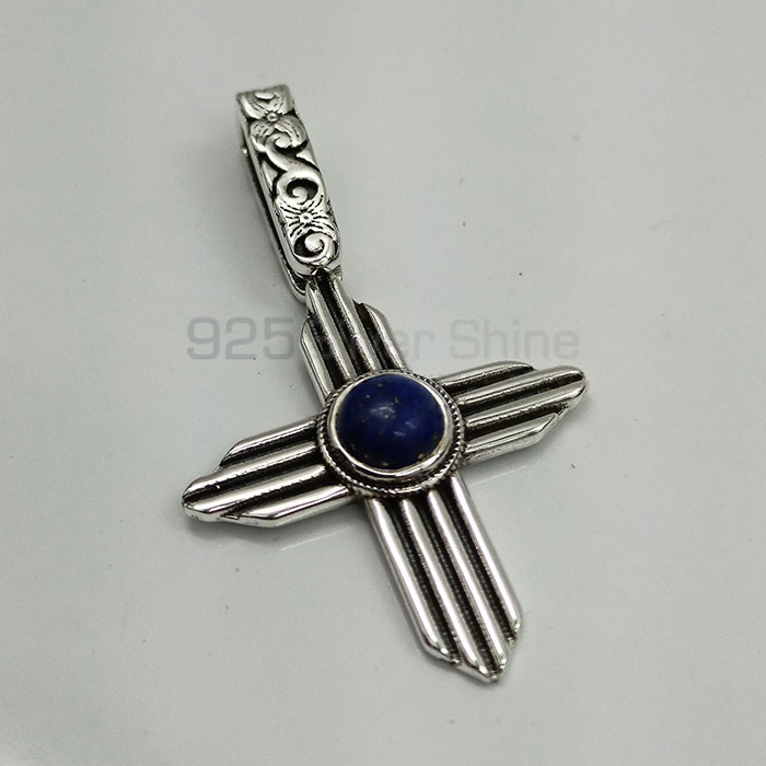 Cross Oxidised 925 Silver Pendant In Natural Lapis Lazuli Gemstone 925NSP19_3