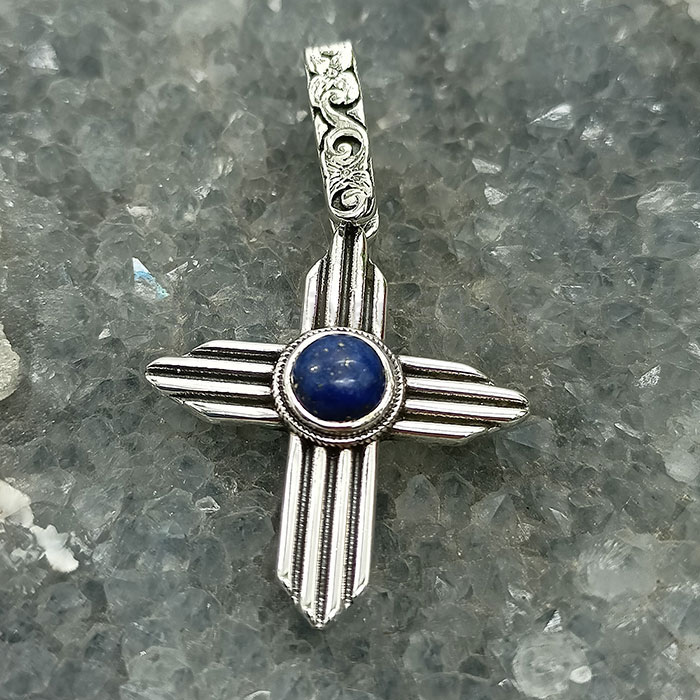 Cross Oxidised 925 Silver Pendant In Natural Lapis Lazuli Gemstone 925NSP19_4