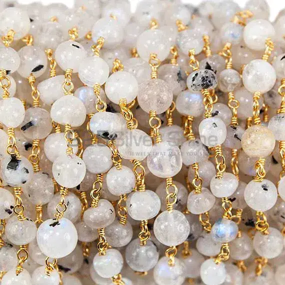 Dalmatian Rainbow Moonstone Round Rosary Chain. "Wire Wrapped 1 Feet Roll Chain"