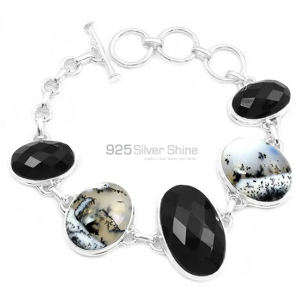 Dendrite Opal-Black Onyx Gemstone Handmade Bracelets In Solid Sterling Silver Jewelry 925SB287
