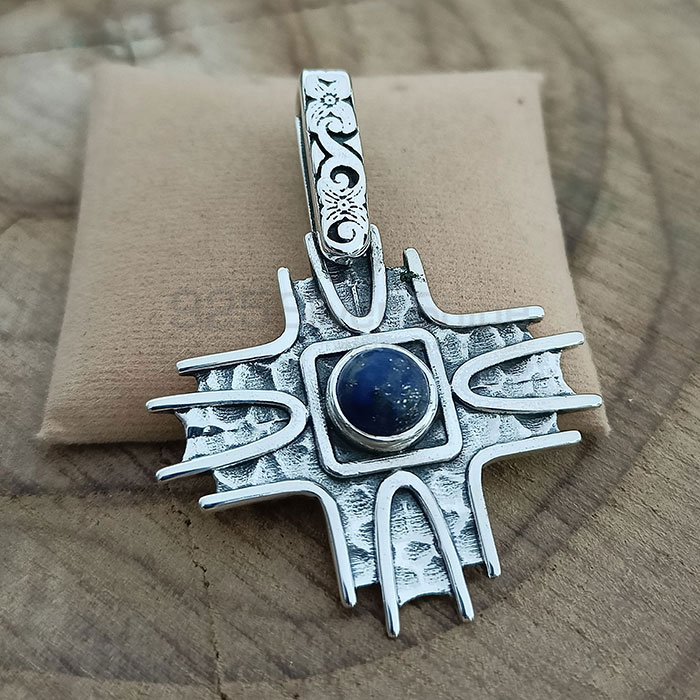 Ethnic Oxidised Sterling Silver Pendant In Lapis Lazuli Gemstone 925NSP22_3