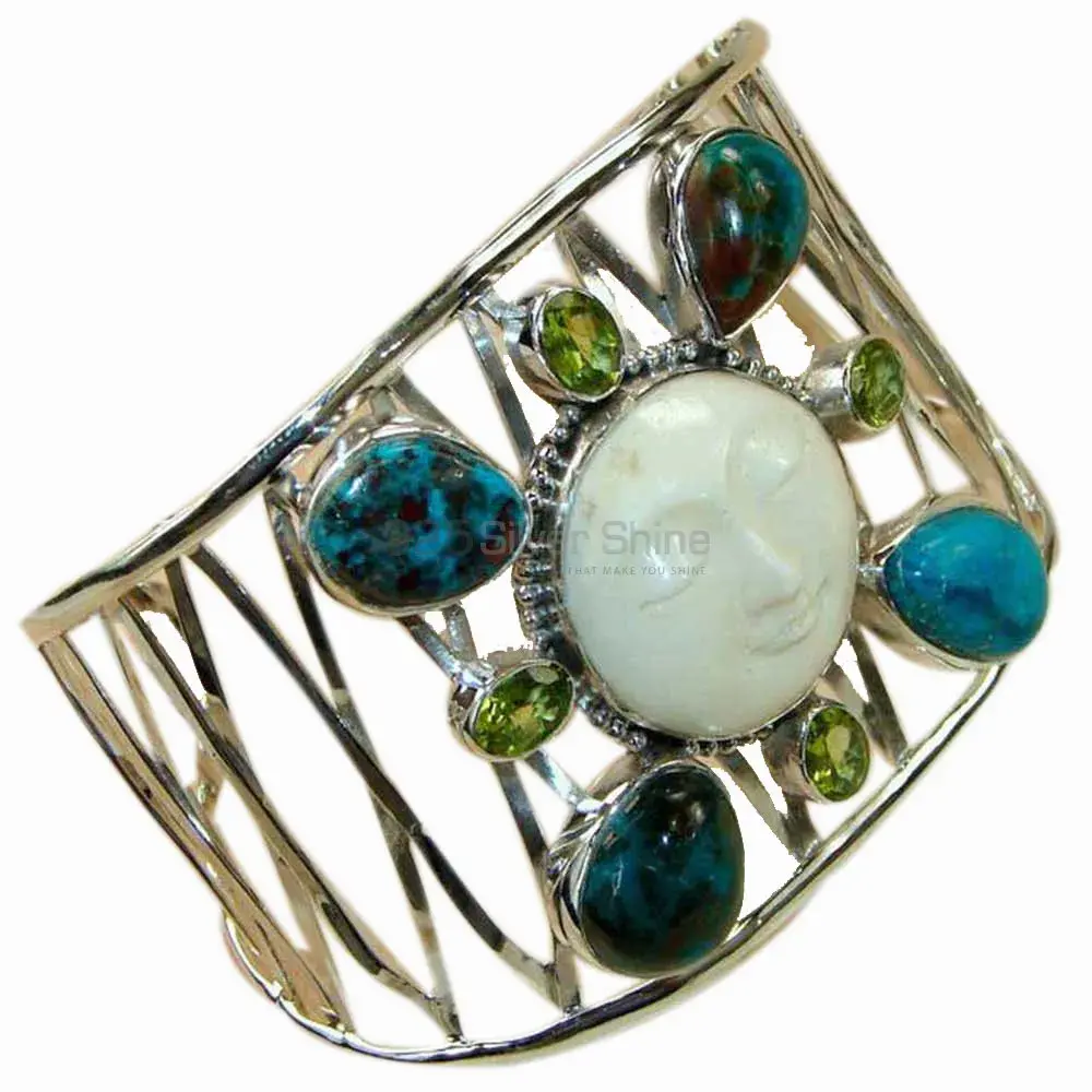 Face Carving And Multi Gemstone Cuff Bangles In 925 Sterling Silver 925SSB163
