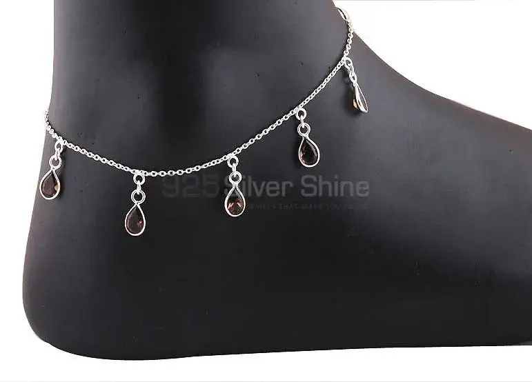 Faceted Smoky Quartz Gemstone Anklet In 925 Sterling Silver