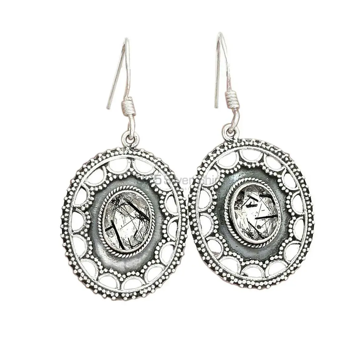 Fine 925 Sterling Silver Earrings In Genuine Black Rutile Gemstone 925SE2721