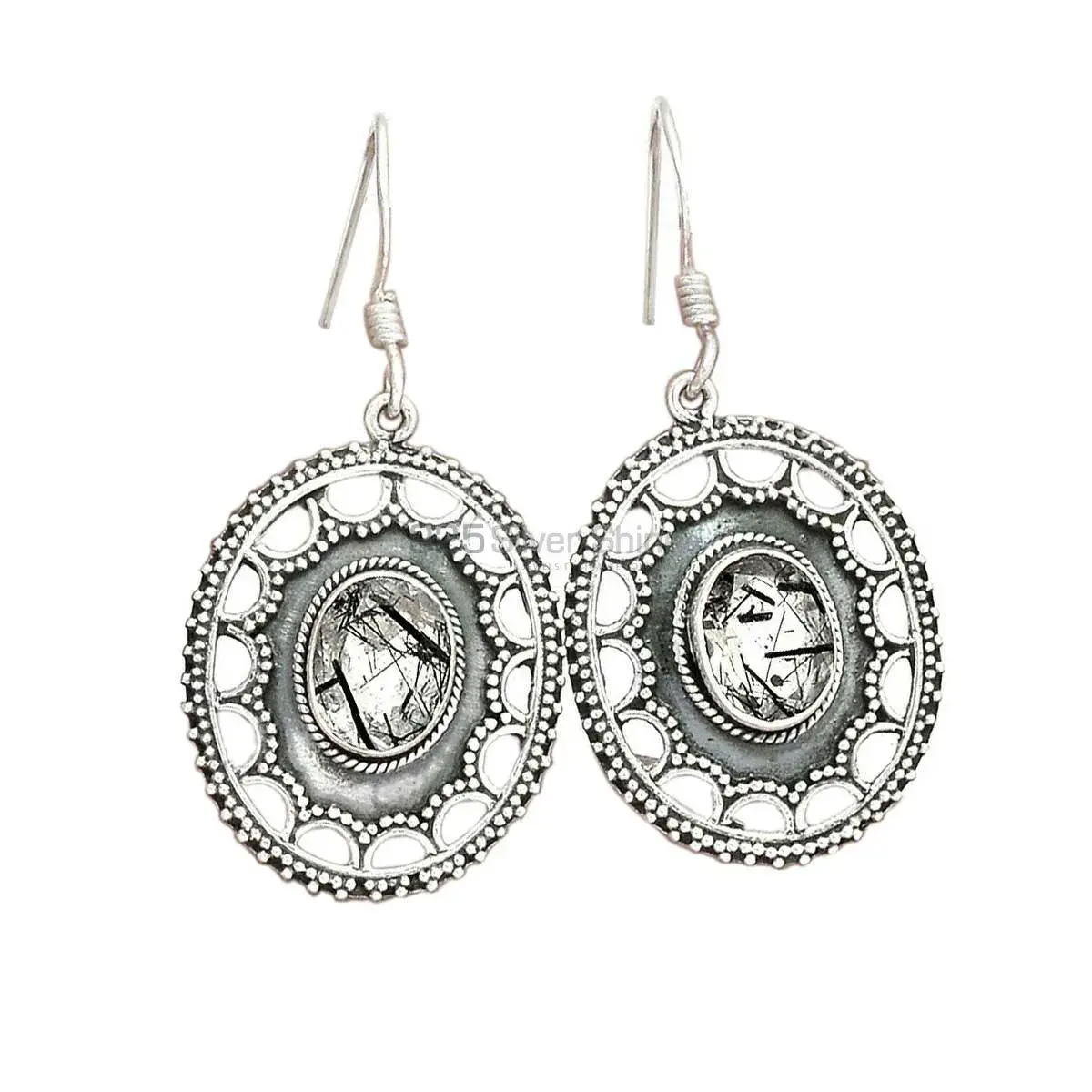 Fine 925 Sterling Silver Earrings In Genuine Black Rutile Gemstone 925SE2721_0