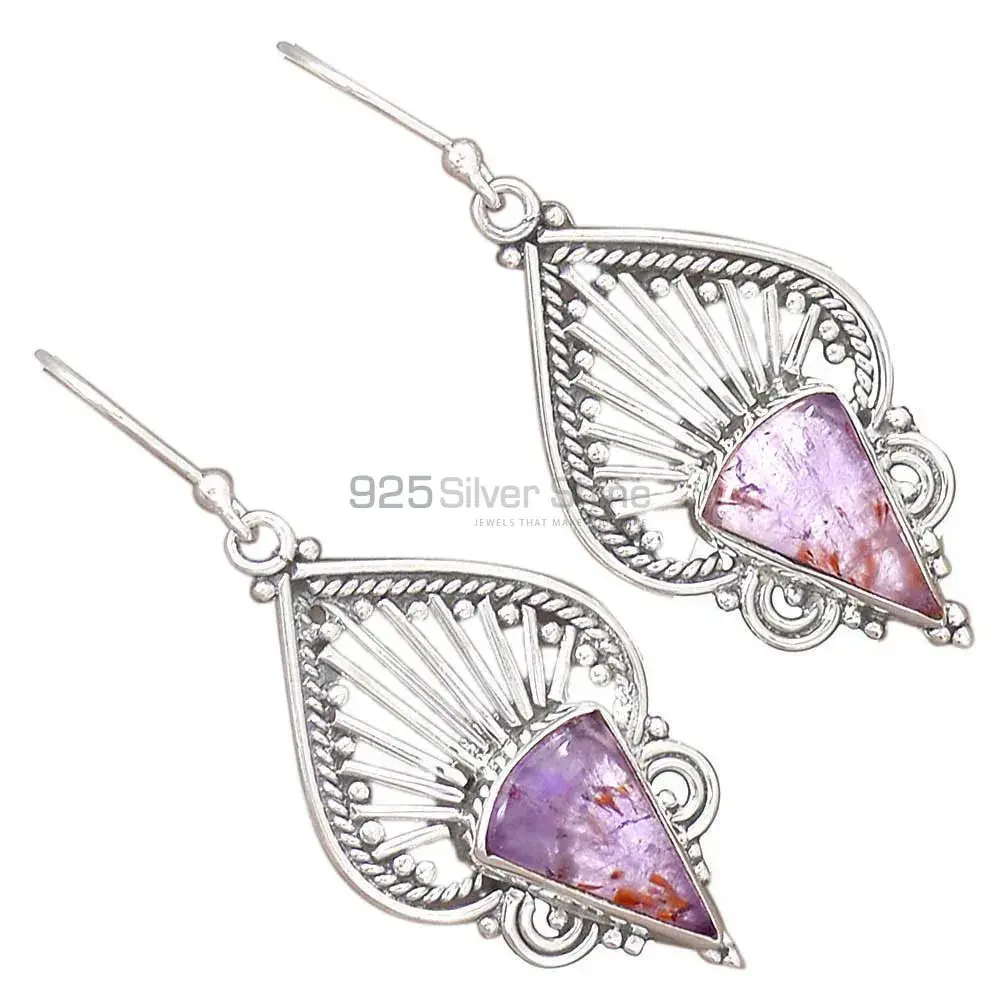 Fine 925 Sterling Silver Earrings In Genuine Cacoxenite Gemstone 925SE2651_0