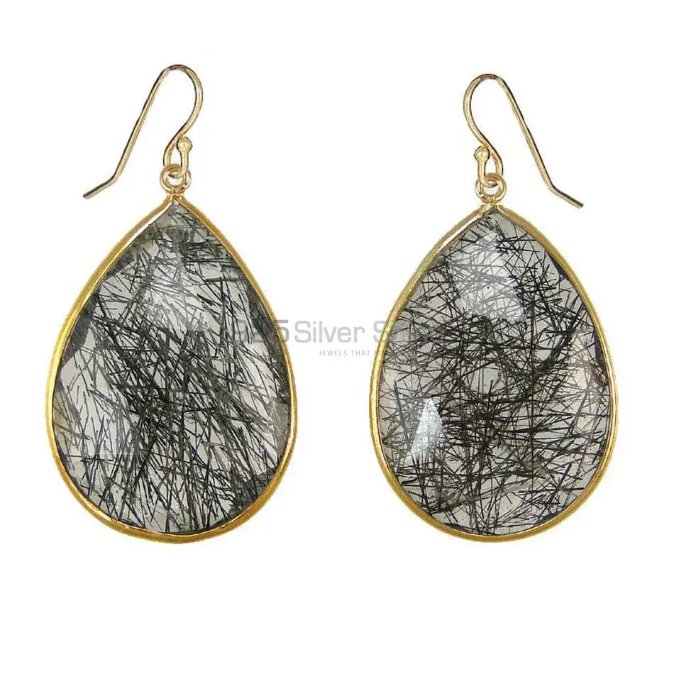 Fine 925 Sterling Silver Earrings In Natural Black Retile Gemstone 925SE1919