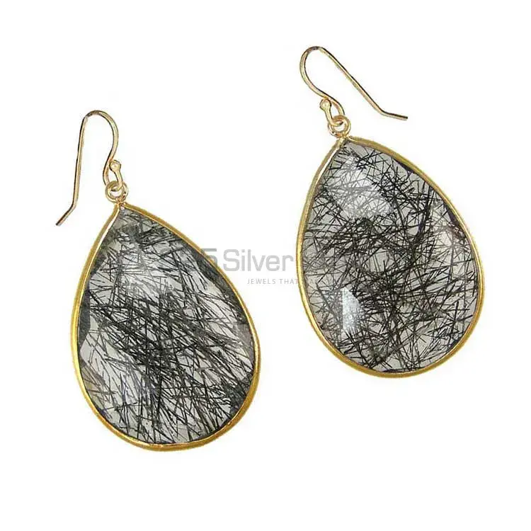 Fine 925 Sterling Silver Earrings In Natural Black Retile Gemstone 925SE1919_1