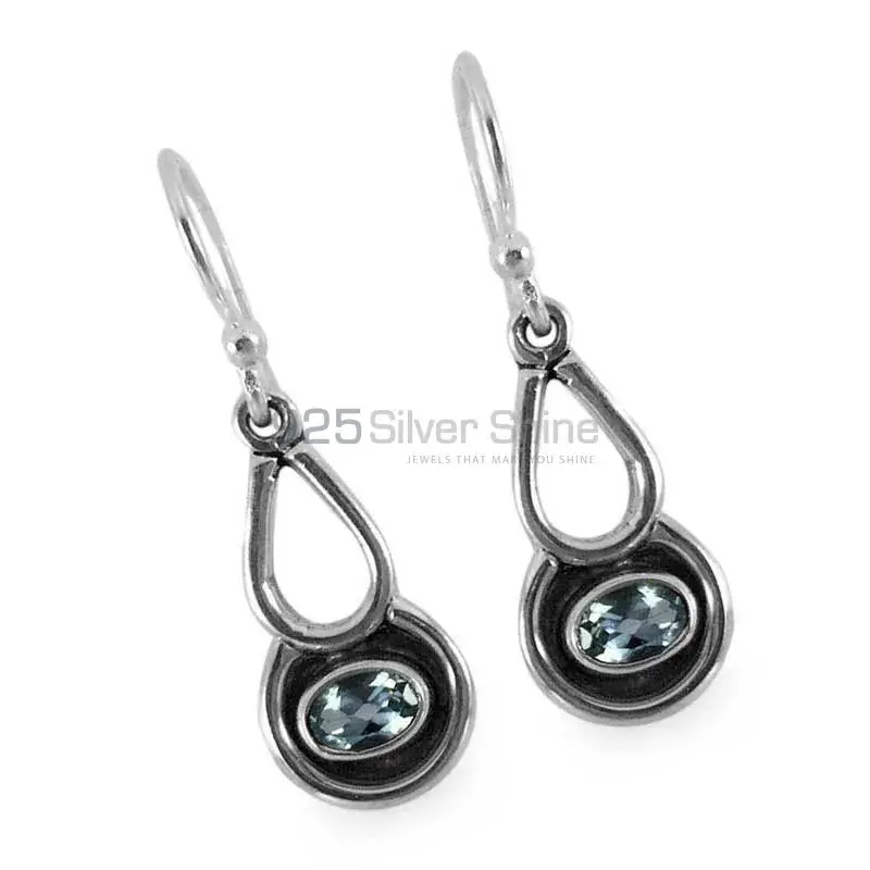 Fine 925 Sterling Silver Earrings In Natural Blue Topaz Gemstone 925SE1323_0