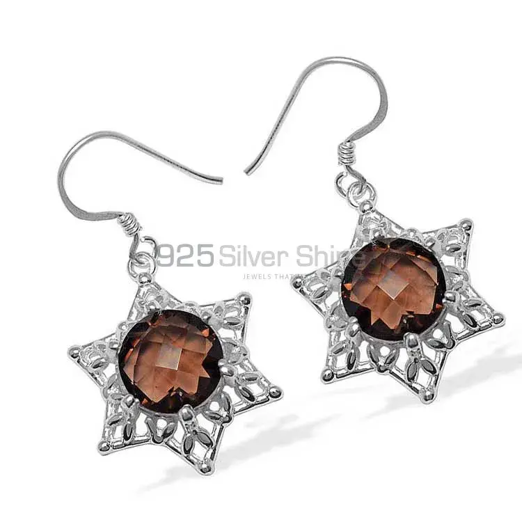 Fine 925 Sterling Silver Earrings In Natural Smoky Quartz Gemstone 925SE1095_1