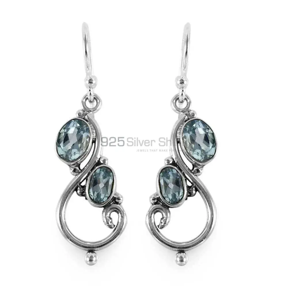 Fine 925 Sterling Silver Earrings In Semi Precious Blue Topaz Gemstone 925SE1324_0