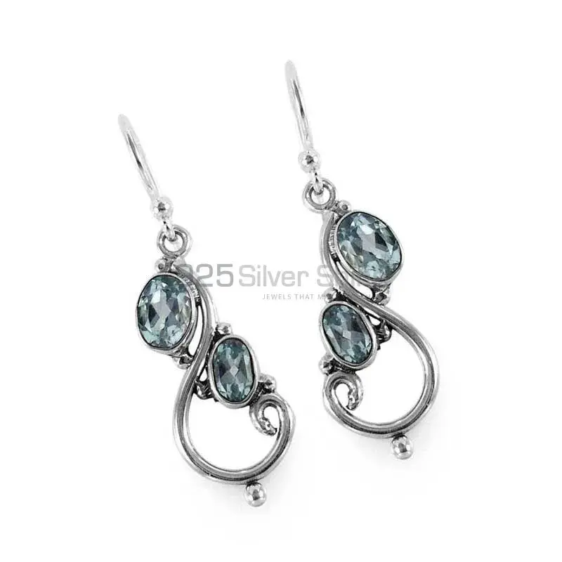 Fine 925 Sterling Silver Earrings In Semi Precious Blue Topaz Gemstone 925SE1324_0