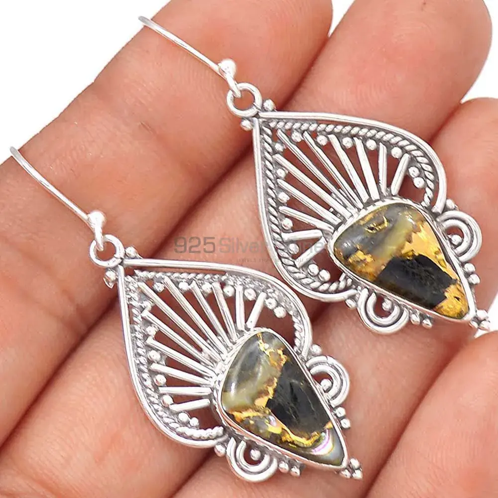 Fine 925 Sterling Silver Earrings In Semi Precious Pyrite Gemstone 925SE2650_1