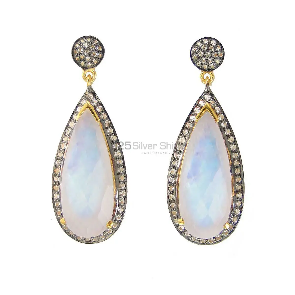 Fine 925 Sterling Silver Earrings In Semi Precious Rainbow Moonstone 925SE1999