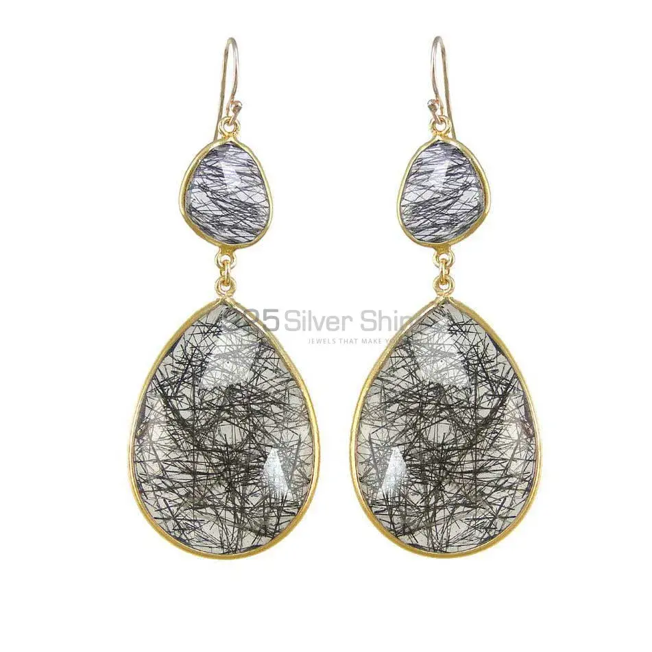 Genuine Black Rutile Gemstone Earrings In 925 Sterling Silver Jewelry 925SE1875_0