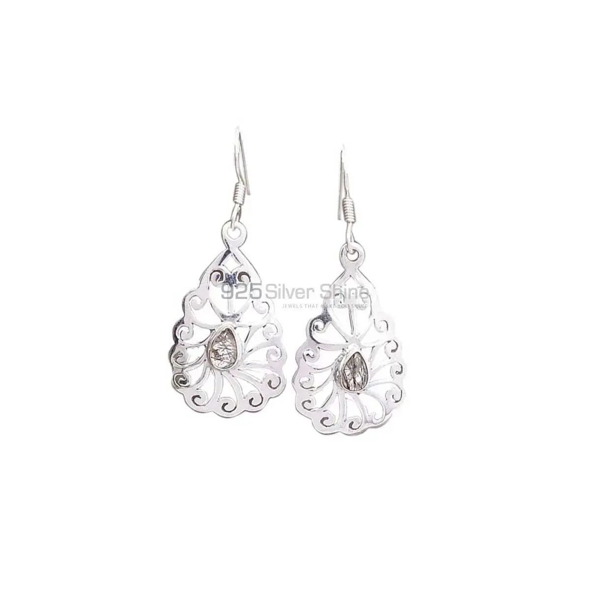 Genuine Black Rutile Gemstone Earrings In 925 Sterling Silver 925SE2724_0