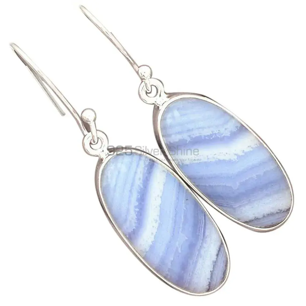 Genuine Blue Lace Agate Gemstone Earrings In Fine 925 Sterling Silver 925SE2730_1