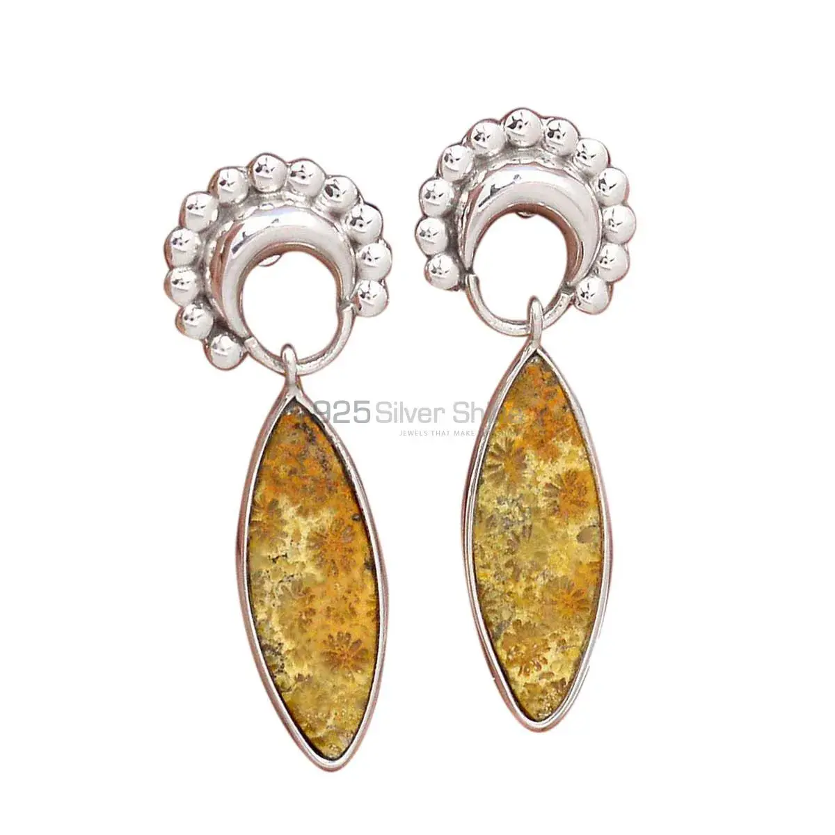 Genuine Fossil Coral Gemstone Earrings In Fine 925 Sterling Silver 925SE2189_0