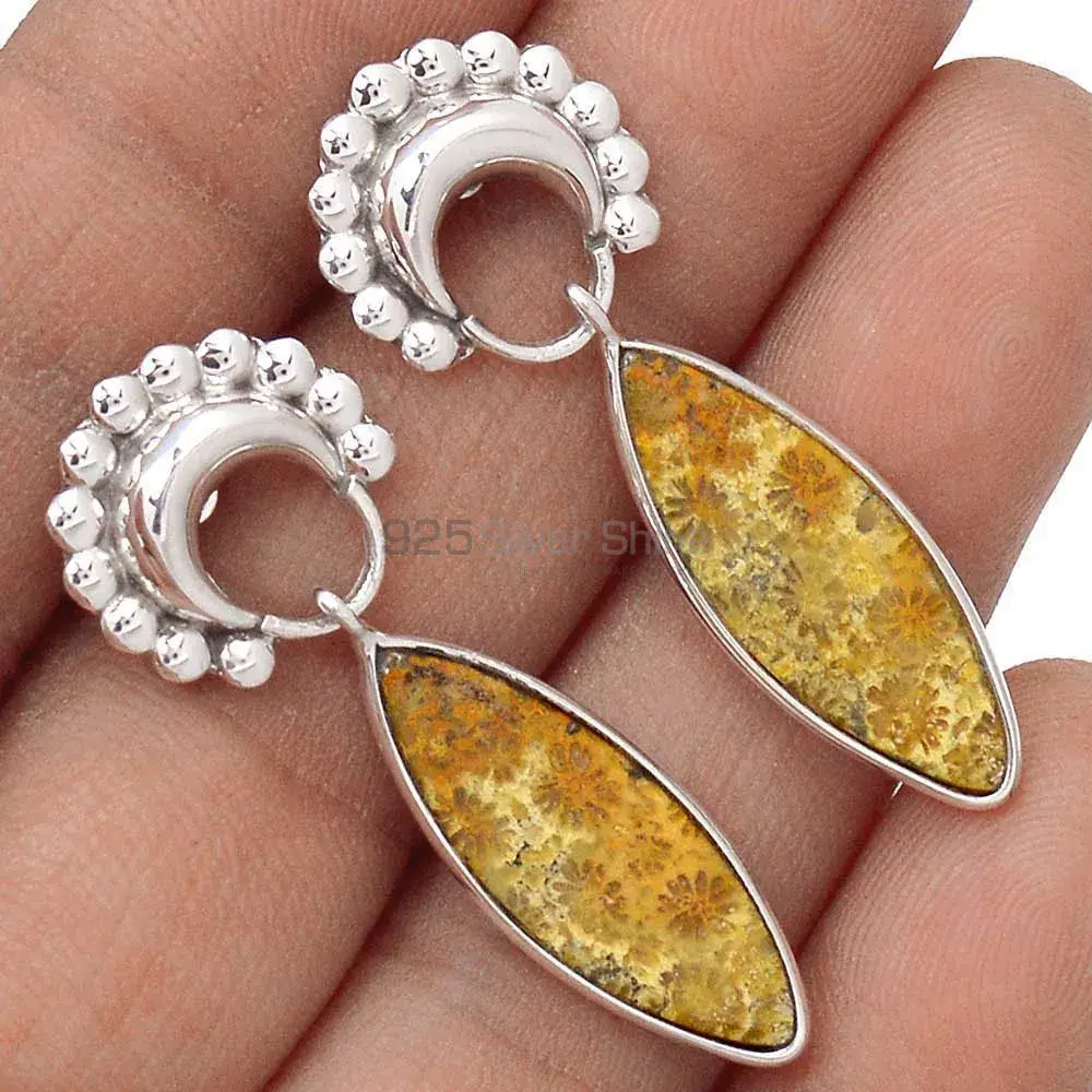 Genuine Fossil Coral Gemstone Earrings In Fine 925 Sterling Silver 925SE2189_1