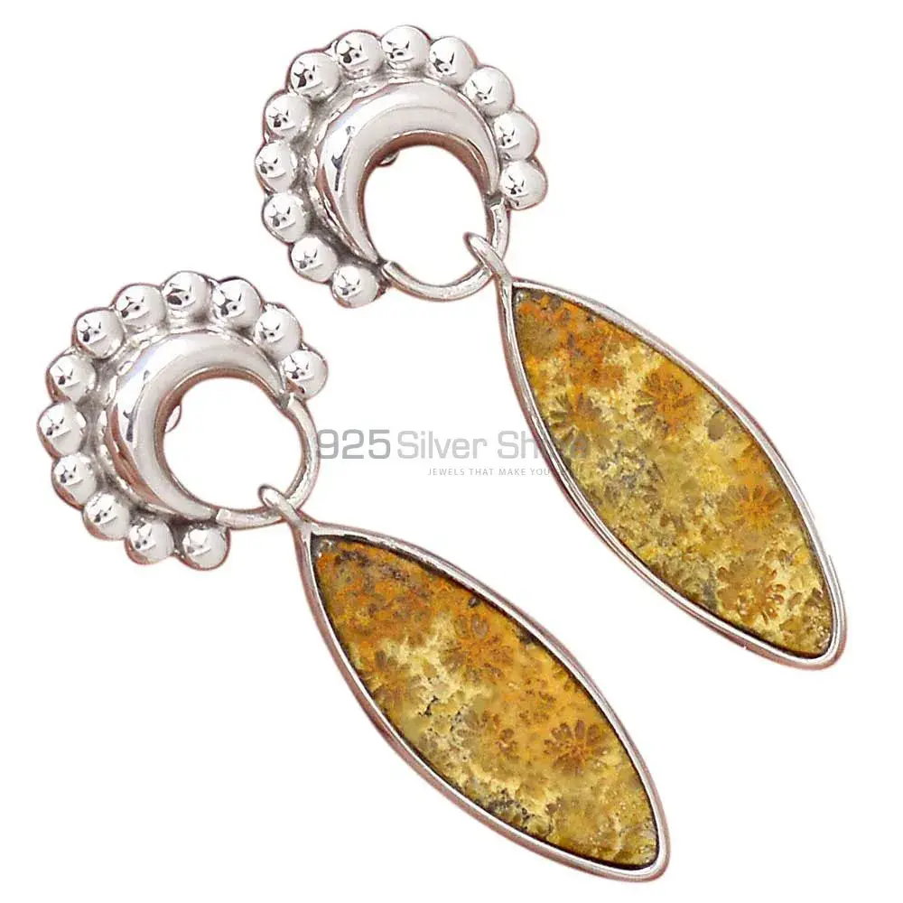 Genuine Fossil Coral Gemstone Earrings In Fine 925 Sterling Silver 925SE2189_1