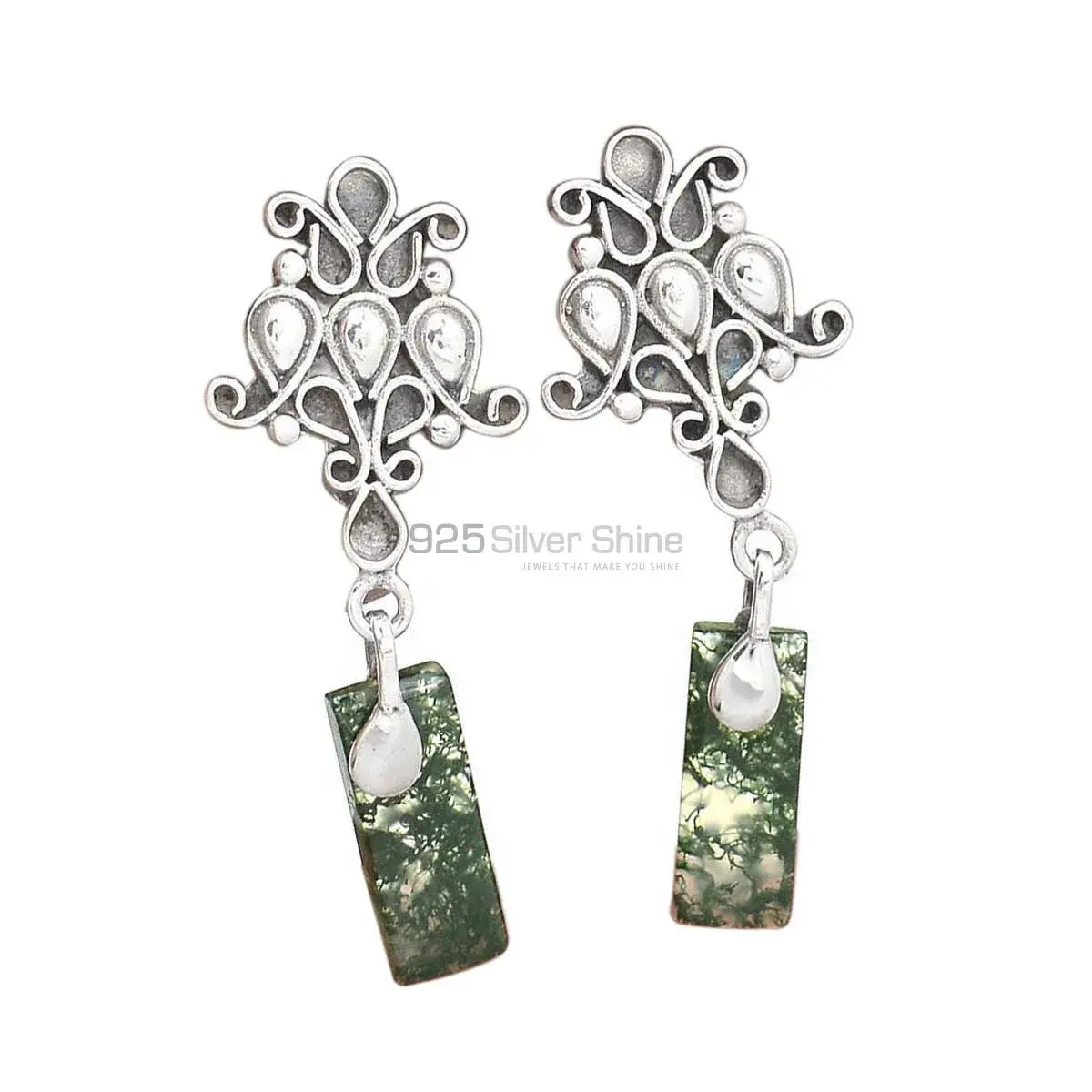 Genuine Moss Agate Gemstone Earrings In 925 Sterling Silver Jewelry 925SE2058_0