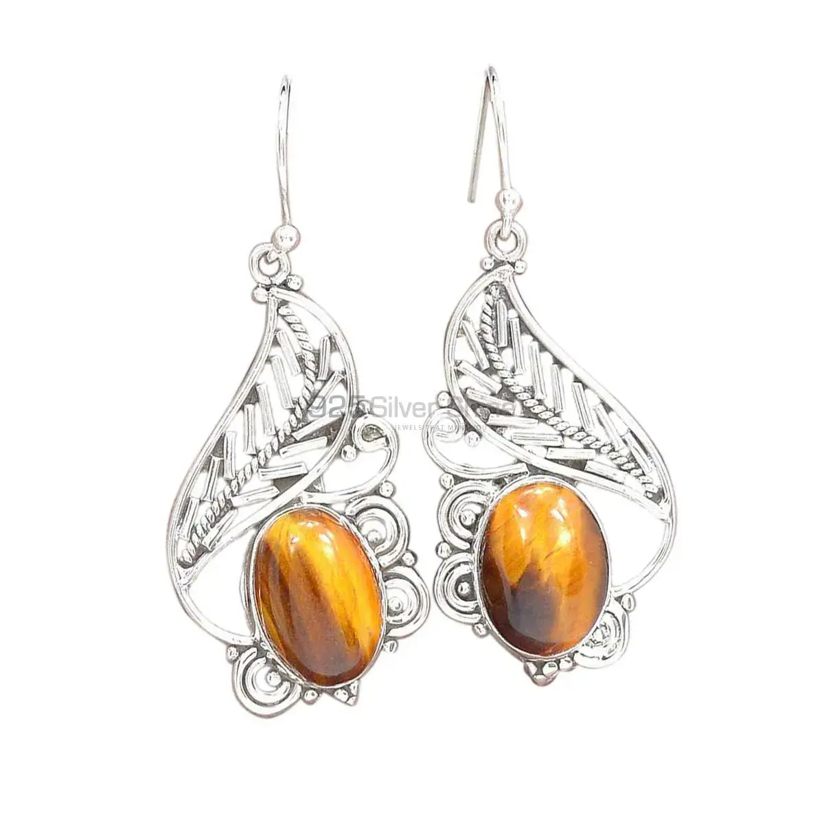 Genuine Tiger's Eye Gemstone Earrings In 925 Sterling Silver Jewelry 925SE2733_0