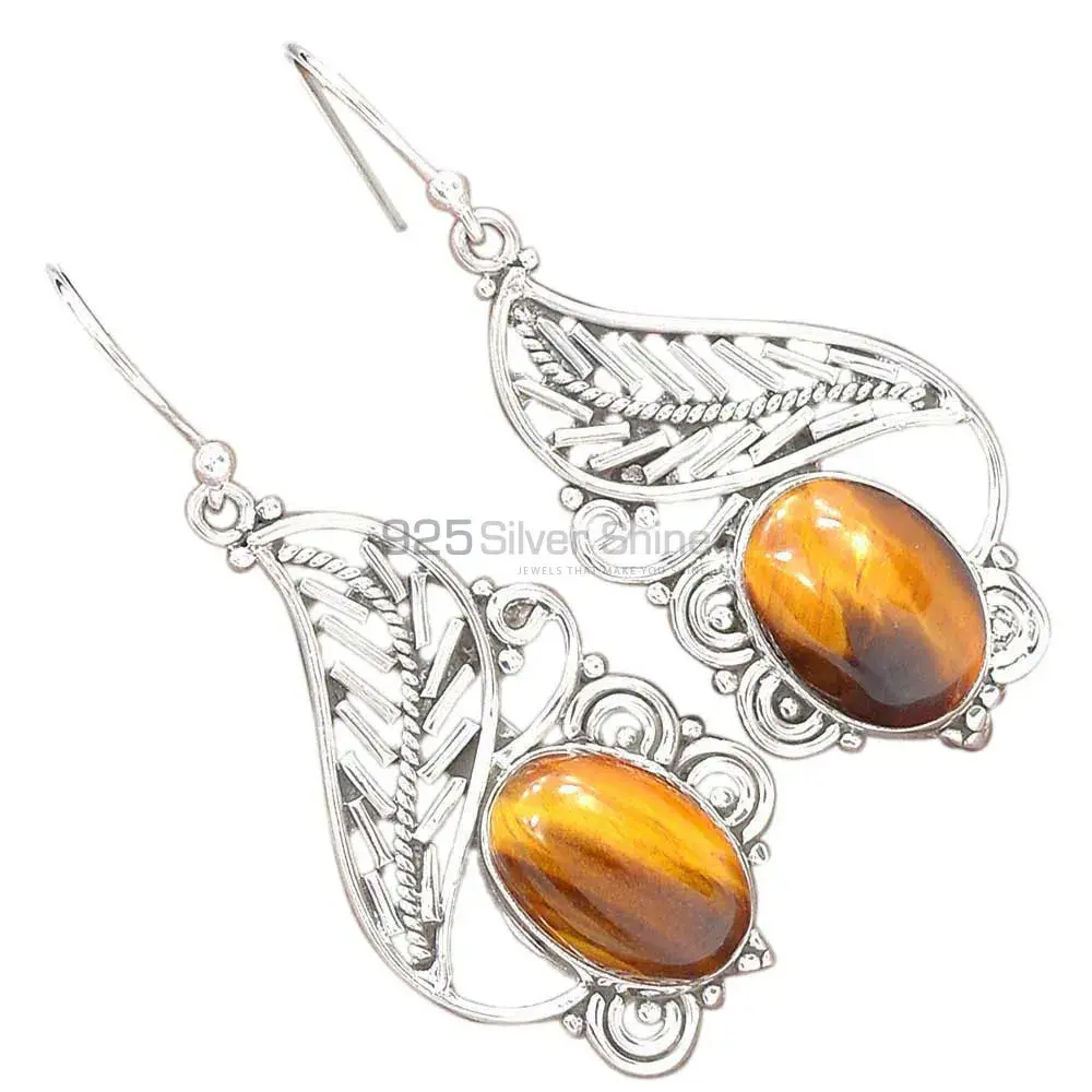 Genuine Tiger's Eye Gemstone Earrings In 925 Sterling Silver Jewelry 925SE2733_1