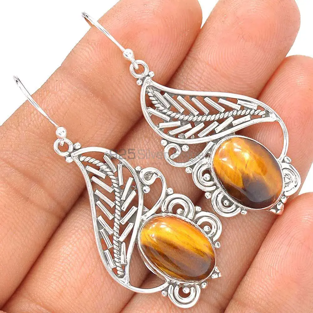 Genuine Tiger's Eye Gemstone Earrings In 925 Sterling Silver Jewelry 925SE2733_2