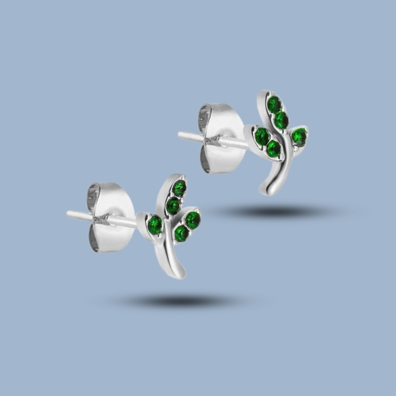 Green Stone With 925 Sterling Silver Leap Minimalist Stud Earring 925She248_0