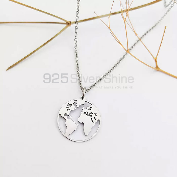 Handmade Round Shaped World Map Design Necklace In Silver MPMN362
