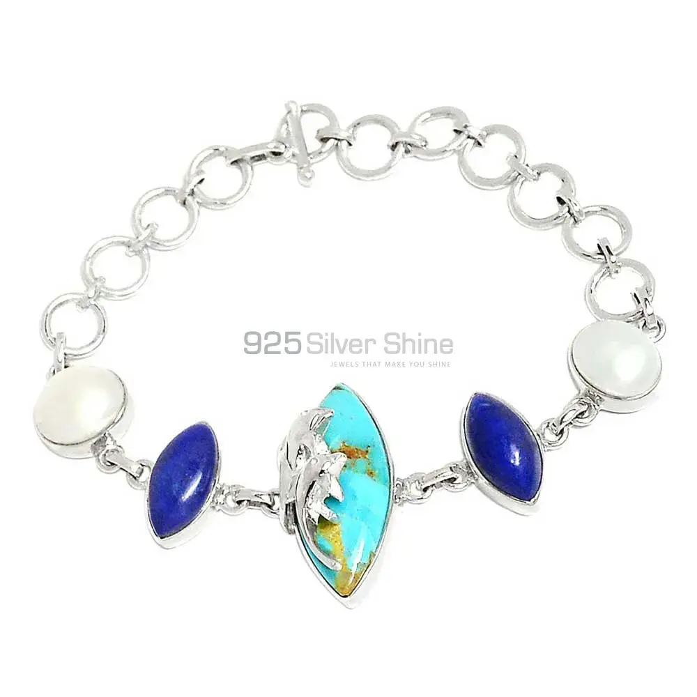 925 Solid Silver Bracelets In Turquoise-Pearl-Lapis Gemstone Jewelry 925SB302-3