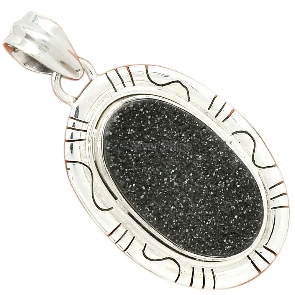 High Quality Black Aura Druzy Gemstone Pendants Exporters In 925 Solid Silver Jewelry 925SP40-2
