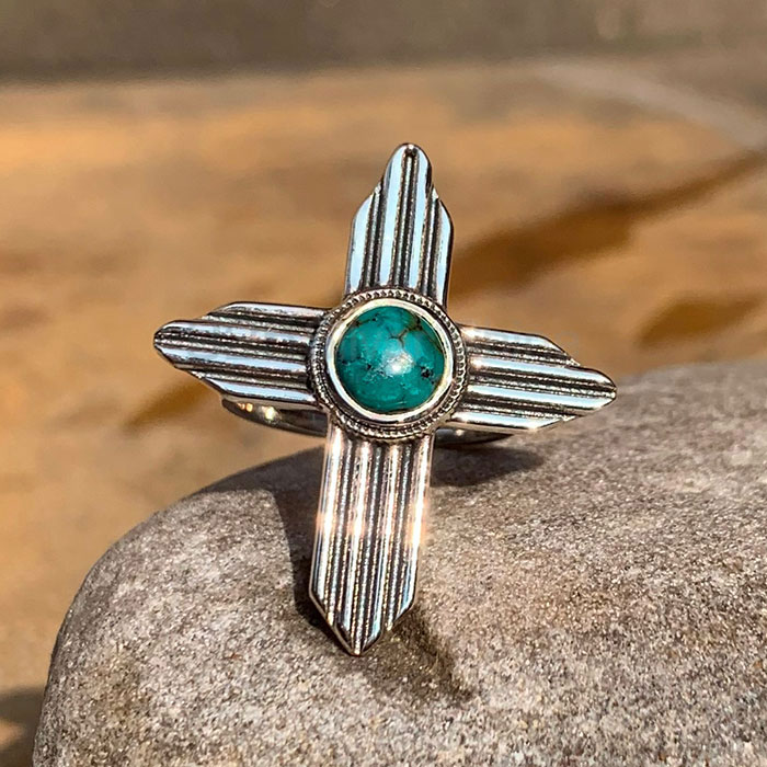 Cross Symbol Turquoise Gemstone Ring In Sterling Silver SSR193