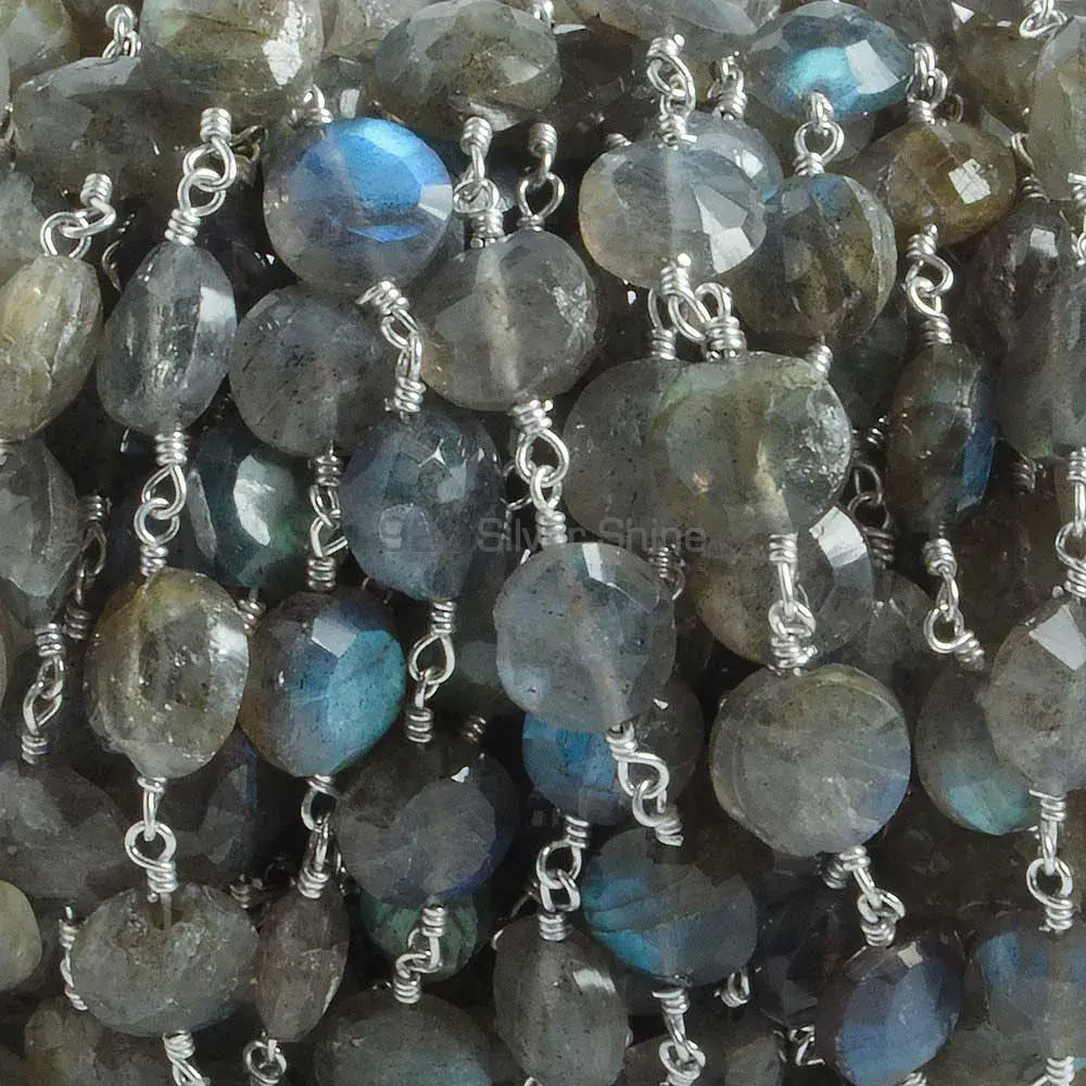 Labradorite Faceted Coin Rosary Chain. "Wire Wrapped 1 Feet Roll Chain" 925RC168