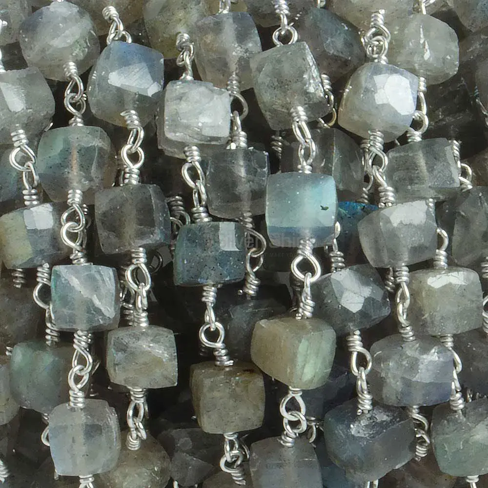 Labradorite Faceted Cube Rosary Chain. "Wire Wrapped 1 Feet Roll Chain" 925RC146