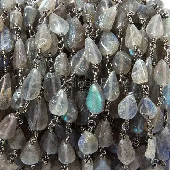 Labradorite Plain Pear Rosary Chain. "Wire Wrapped 1 Feet Roll Chain" 925RC166