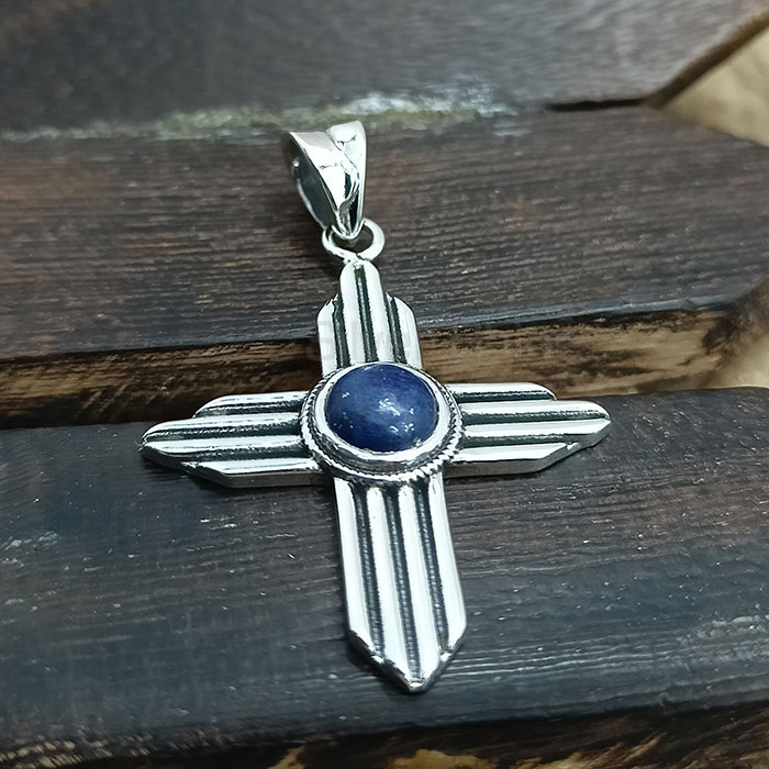 Lapis Lazuli Handmade Cross Pendant In Sterling Silver 925NSP20_3
