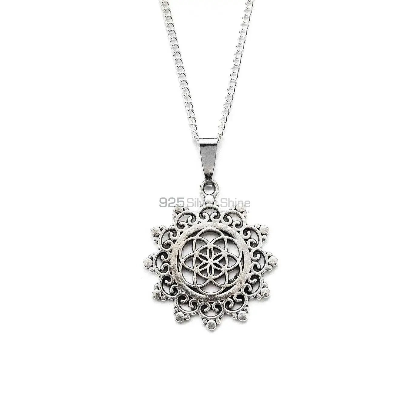 Lotus Mandala With Flower Of Life In Silver Necklace 925MN107