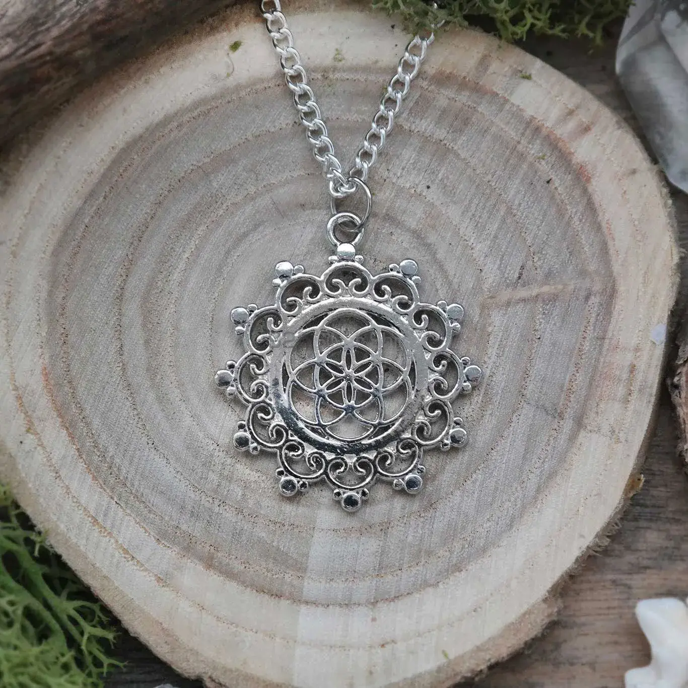 Lotus Mandala With Flower Of Life In Silver Necklace 925MN107_0