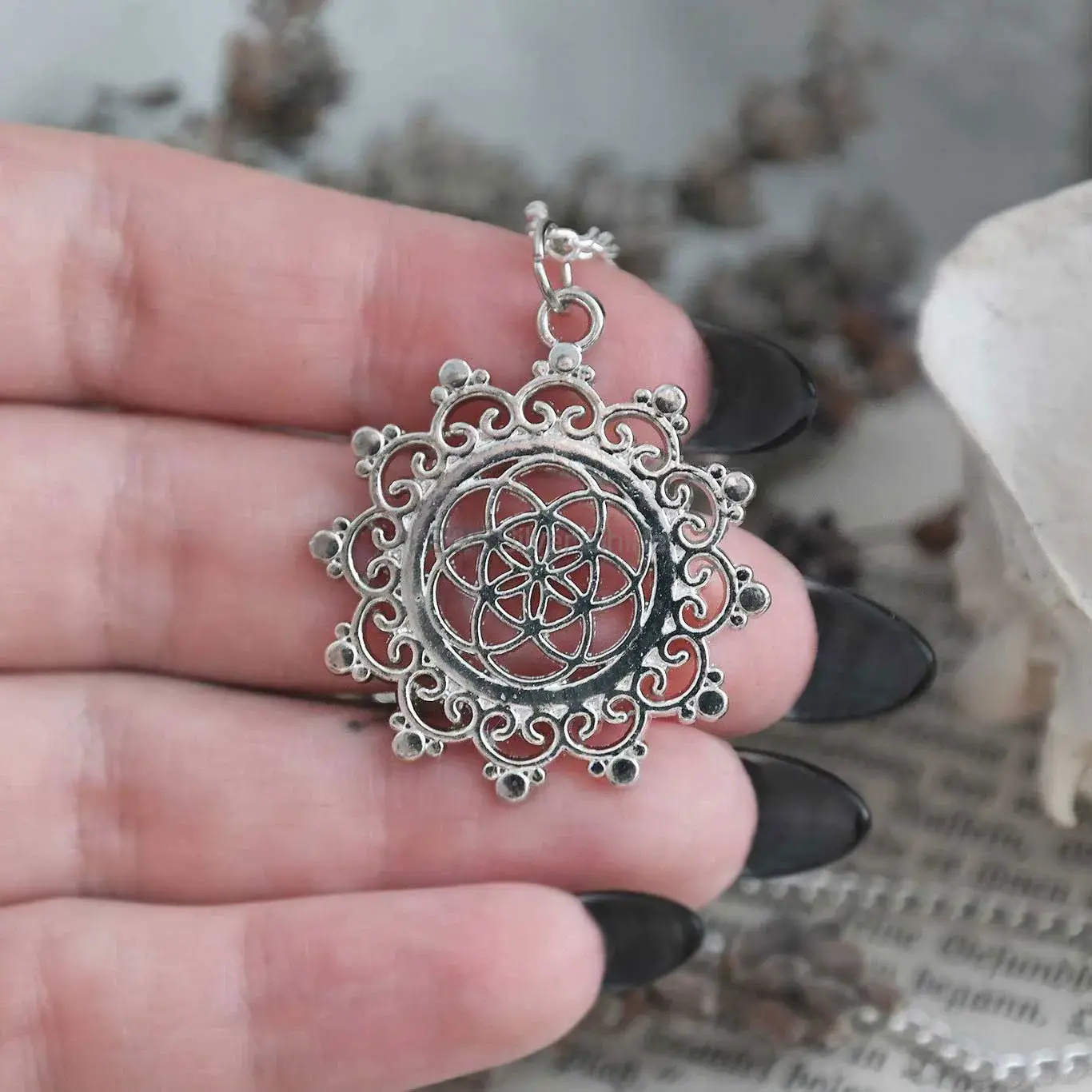 Lotus Mandala With Flower Of Life In Silver Necklace 925MN107_1