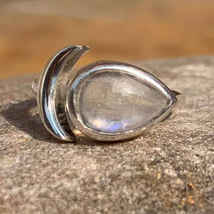 Moon Symbol Rainbow Moonstone Ring In Sterling Silver SSR201