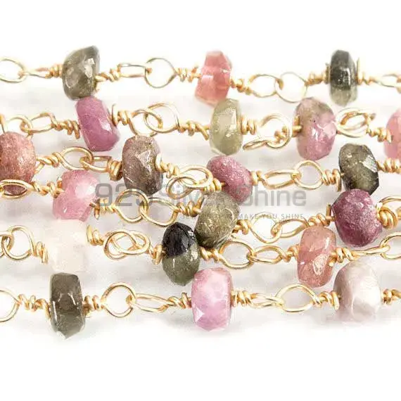 Multi Color Tourmaline Faceted Roundel Rosary Chain. "Wire Wrapped 1 Feet Roll Chain" 925RC112
