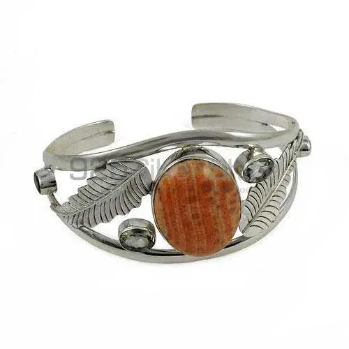 Multi Stone Leaf Handmade Cuff Bangle In Sterling Silver Jewelry 925SSB278
