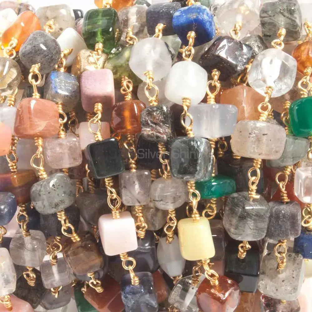 Multiple Gemstone Plain Cubes Rosary Chain. "Wire Wrapped 1 Feet Roll Chain" 925RC149