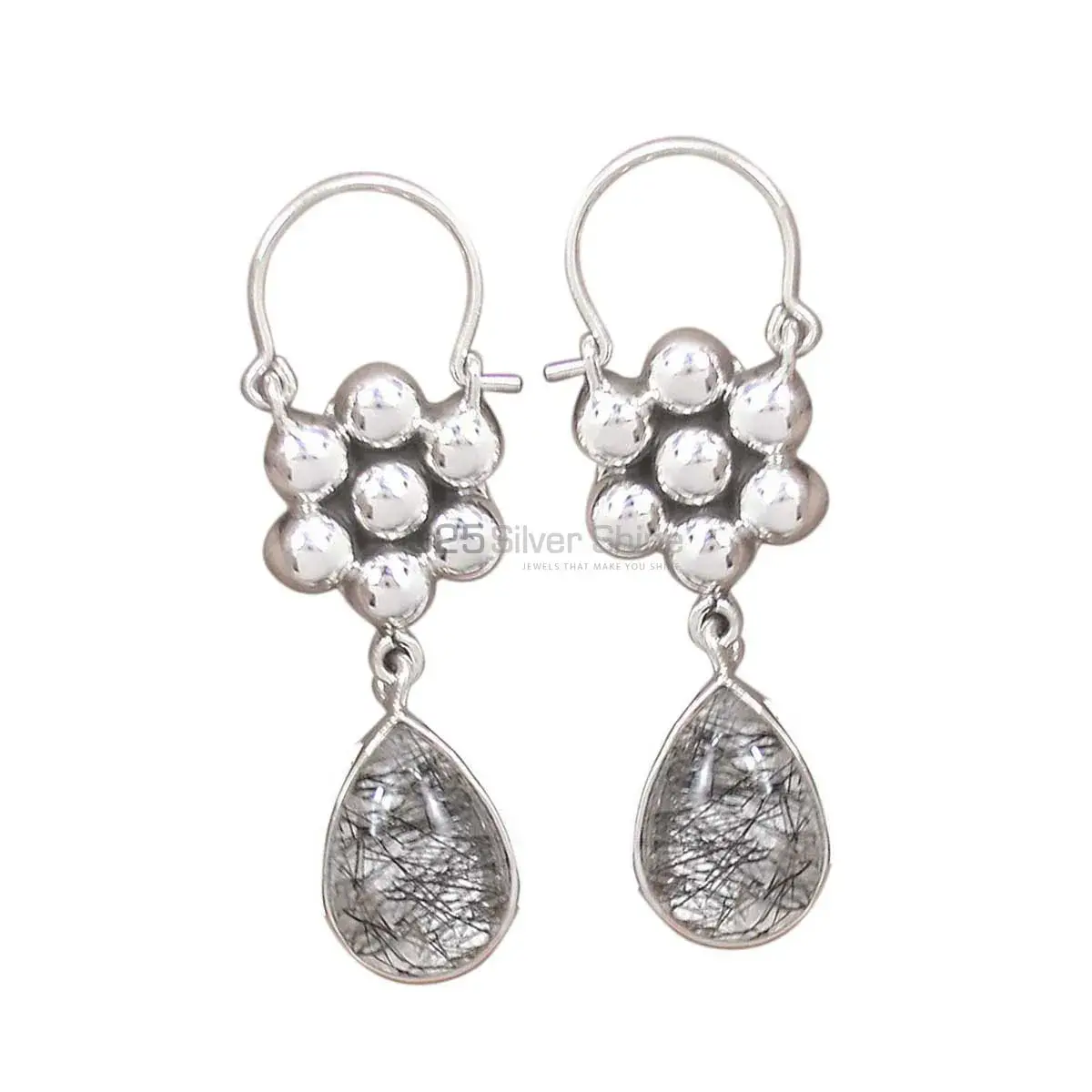 Natural Black Rutile Gemstone Earrings Suppliers In 925 Sterling Silver Jewelry 925SE3079
