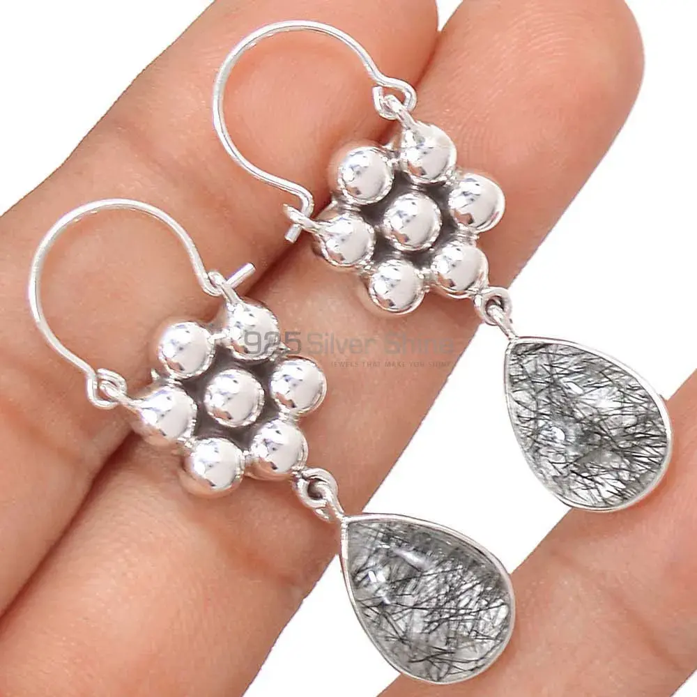 Natural Black Rutile Gemstone Earrings Suppliers In 925 Sterling Silver Jewelry 925SE3079_0