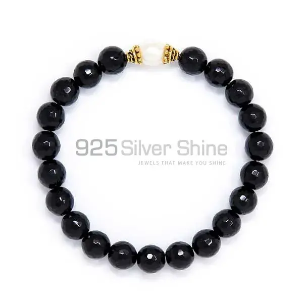 Natural Black Tourmaline-Pearl Gemstone Beads Bracelets 925BB137_0