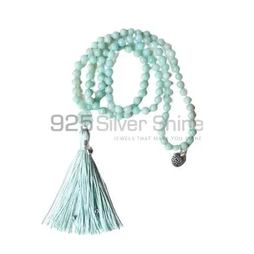 Natural Blue Amazonite-Fluorite Gemstone tassel 108 beads mala Necklace 925MBC102