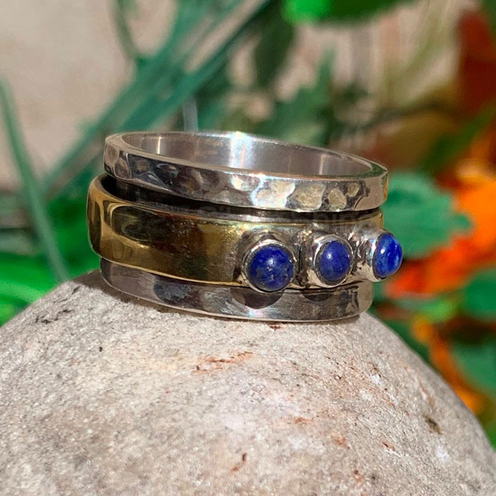 Natural Lapis Lazuli Tow Tone Ring In Sterling Silver SSR165